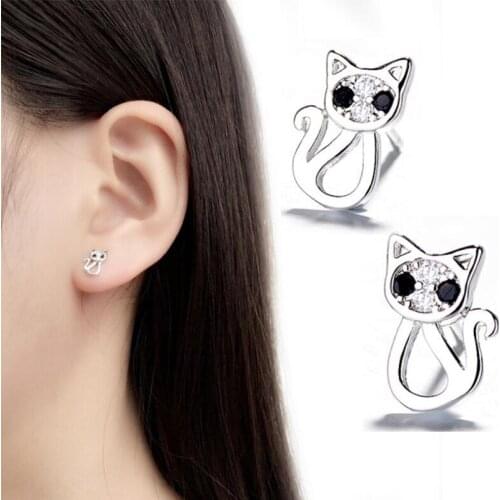 Yiustar Women Animal Earrings Rhinestone Lovely Cat Stud Earrings for Women Girls Jewelry Hollow Cute Kitty Earing Stud Bijoux