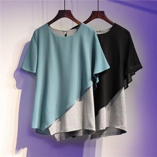 Patchwork Chiffon Patchwork Women T-Shirts Summer New 2021 Loose Solid O-Neck Elegant Female Pulls Tops Tees