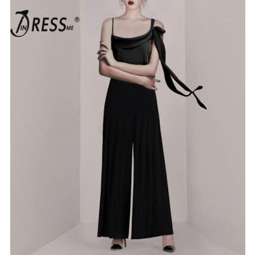 INDRESSME 2019 New Sexy Two-piece Sets Spaghetti Straps Lace Up Tops Pleated Wide Legs Pants Black Women Fashion Party