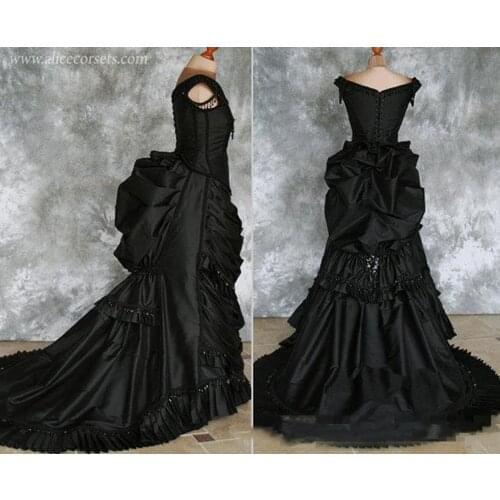 Taffeta Beaded Gothic Victorian Bustle Gown with Train Vampire Ball Masquerade Halloween Black Wedding Dress Steampunk Goth 19th