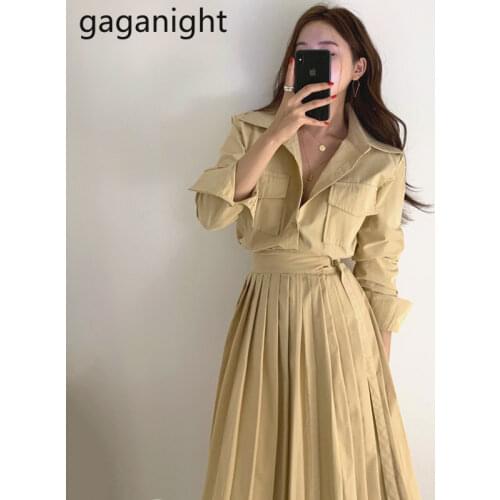 Gaganight Cargo Women Pleated Maxi Dress Long Sleeve Turn Down Collar Solid A Line Dresses Office Lady Chic Korean Vestidos New