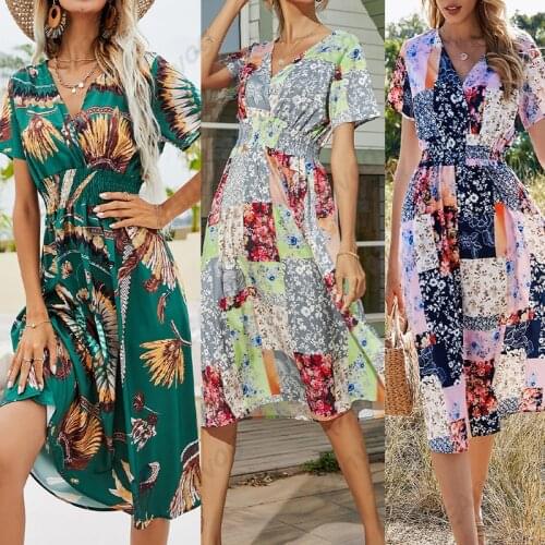 Green Floral Printing Summer Chiffon Beach Dress 2021 Casual V-neck Short Sleeve A-line Women Midi Dresses Vestidos