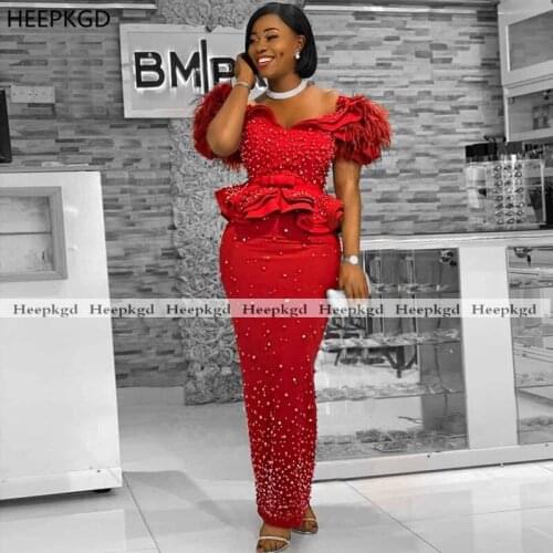 Luxury Red Long Evening Dress Sheath Off The Shoulder Pearls Feather Black Women Beauty Pageant Dresses Short Sleeves Prom Gowns