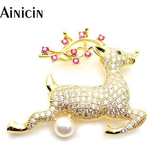 1pc Gold Plating Red Rhinestone Crystal Setting Flying Christmas Reindeer Brooches For Women Party Jewelry Gift 30