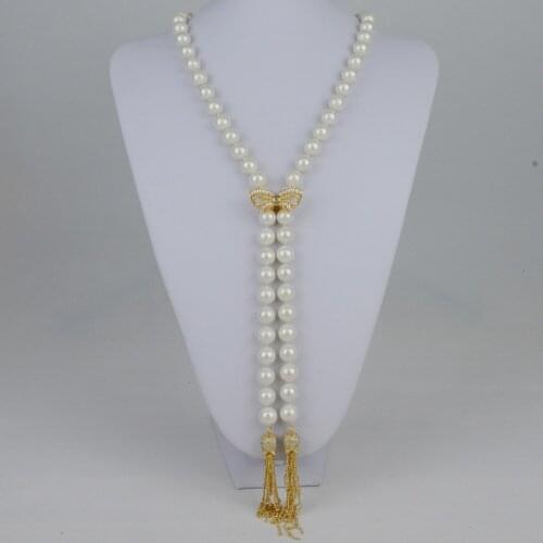 12mm White Shell Pearl Zircon Butterfly Clasp Tassel Necklace For Women Girl Jewelry Necklace Elegant Bridal Wedding Party Gifts
