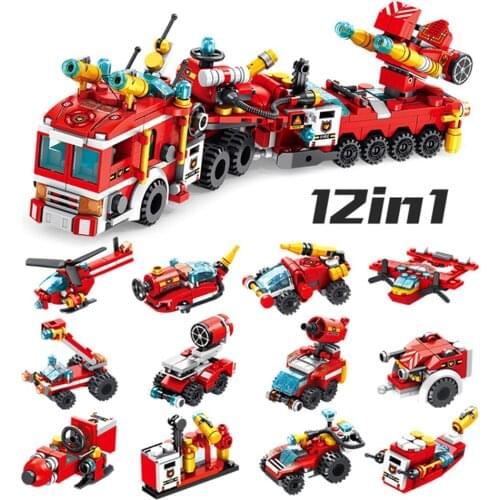 557Pcs Firefighting Rescue Educational Building Blocks Toys For Kids Boy DIY Birthday Present Car Plane 12 IN 1 FireTruck Model