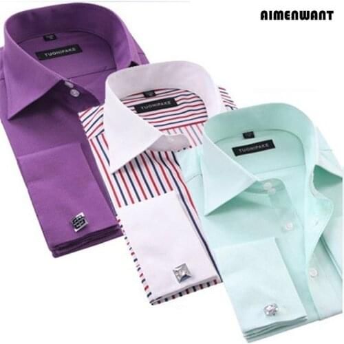AIMENWANT 2020 Business Shirt Mens Long Sleeve Slim Fit French Cuff Shirts Luxury Formal Checked Tees For Gifts Free Shipping