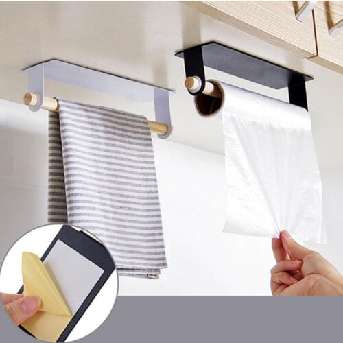 Bathroom Accoessories Wood Towel Storage Rack Bar Kitchen Adhesive Roll Paper Holder Cabinet Cling Film Rag Hanging Holder