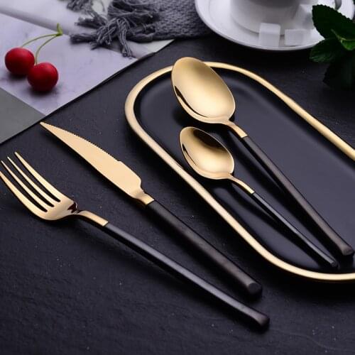 Black Gold Main Fork Coffee Mixing Soup Scoop Stainless Steel Steak Knife Flatware Set Luxury Western Dinner Tableware 4pcs/set