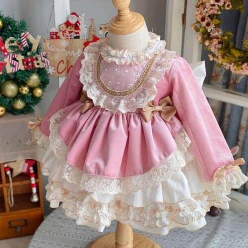 Kids Clothes Girls Lolita Dress baby Autumn Winter Velvet Princess Party Dress Spanish Style Lace Layered Dresses Teens Vestidos