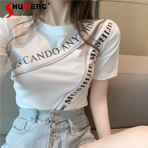 Womens Aesthetic Slim Letters T-shirt 2021 Summer Creative Casual Tees Top Irregular Hollow Zipper Short Sleeve T-shirt Female