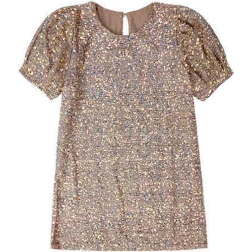 Ins Chic European Sweet Womans Sequined Mini Dresses Elegant Loose Bubble Short Sleeve Sexy T-shirt Top Female