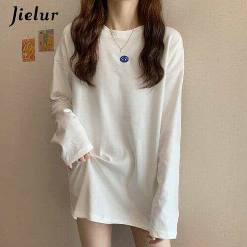 Jielur Fashion Womens T-shirts Basic O-neck White T-shirt Simple Casual BF Applique Top Female Korean Hipster Tee Shirts S-L