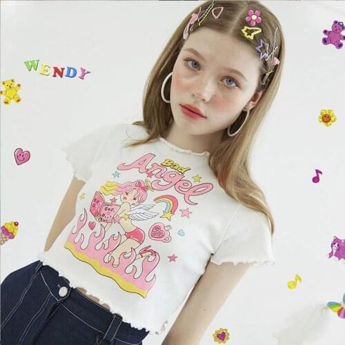 90S Short brandy album Y2K E-Meisje Angel Grafische En Brief Print Ruches Zoom Leuke Crop Tops Kawaii bratz Mouw Wit t-shirt