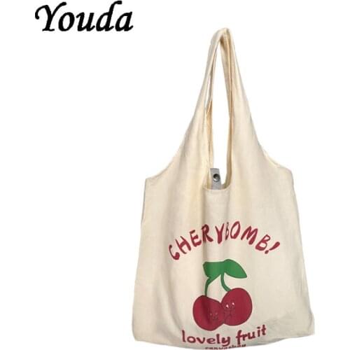 Girls Cute Canvas Bags Womens Literary Fruit Print Shoulder Bag Student Large-capacity Simple Handbag All-match Shopping Bags