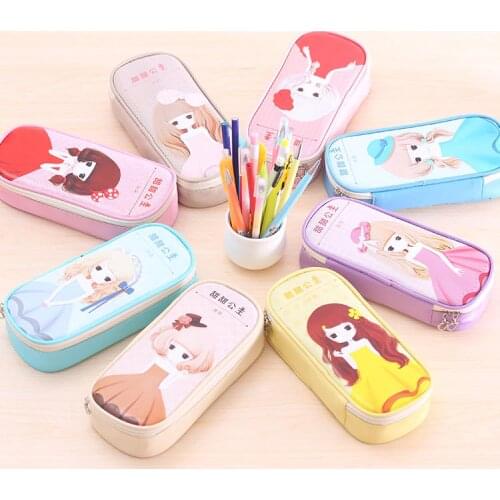 Cute school pencil case for girls Big hero Flower girl pencil bag Large Capacity Leather Stationery pouch office school supply