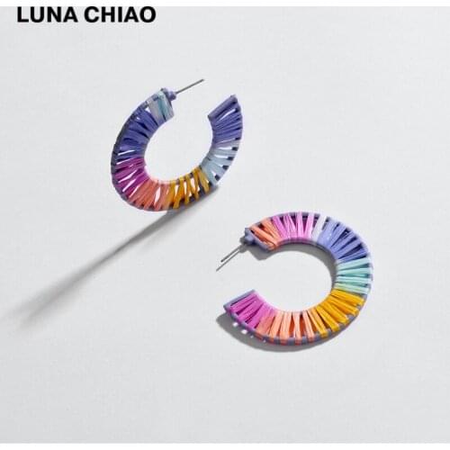 LUNA CHIAO Fashion Jewelry Color Block Combo Raffia Earring Trendy Rainbow Straw Big Hoop Earrings for Women