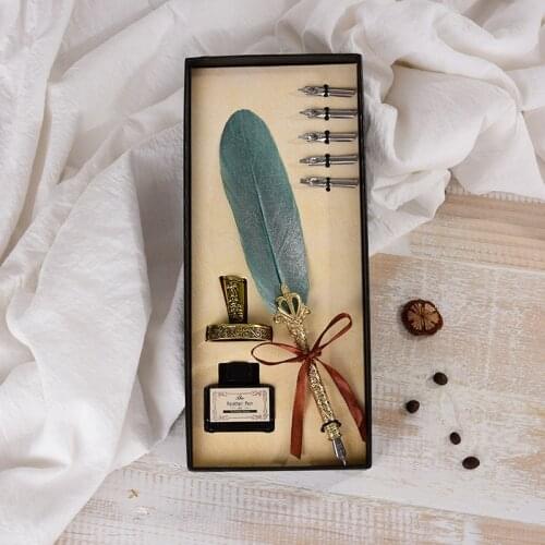 English Calligrap Feather Pen Set Vintage Advertising Gift ink Pen Dip Water Metal Fountain Pen Set Christmas Gift Box 5 Nibs