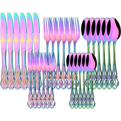 30Pcs Colorful Vintage Dinnerware Set Stainless Steel Cutlery Set Knife Dessert Fork Tea Spoon Tableware Wedding Home Silverware