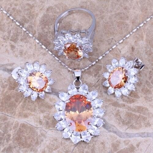 Morganite White CZ Silver Plated Jewelry Sets Earrings Pendant Ring Size 5.5 - 9 S0056