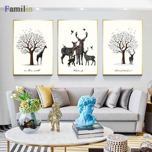 Forest Landscape Wall Art Canvas Poster and Print Flying Bird Deer Canvas Painting Nordic Style Picture for Living Room Decor