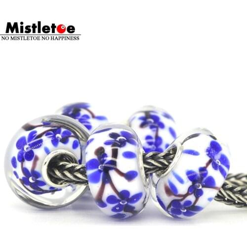 Mistletoe 925 Sterling Silver Murano Glass Chinese rhyme Charm Bead European Jewelery 1pcs