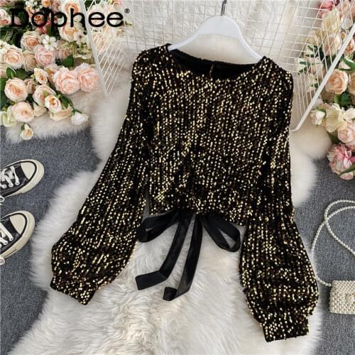 Autumn 2021 Korean Fashion All-Match Flash Sequined Long Sleeve T-shirt Women Round Neck Backless Bandage Bow Tshirt Crop Tops