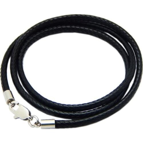 1.5mm 2mm 3mm Leather Cord Black Necklace Chain Stainless Steel Lobster Clasp Connector Round Waxed Rope for Men Women 55cm 80cm