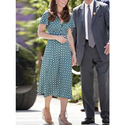 Kate Middleton Fashion New Summer Women Midi Dress High Quality Retro Elegant Party Casual Office V-neck Printed Dress