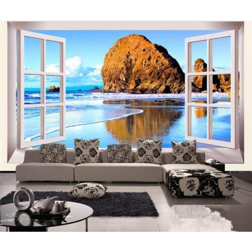 Custom Photo Wallpaper 3D Stereoscopic Window Beach Scenery Living Room TV Background Wall Mural Print Wallpaper Papel Pintado