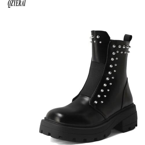 QZYERAI Genuine leather Martin boots Female boots fashion black Womens boots pearl cowhide Autumn winter Womens shoes