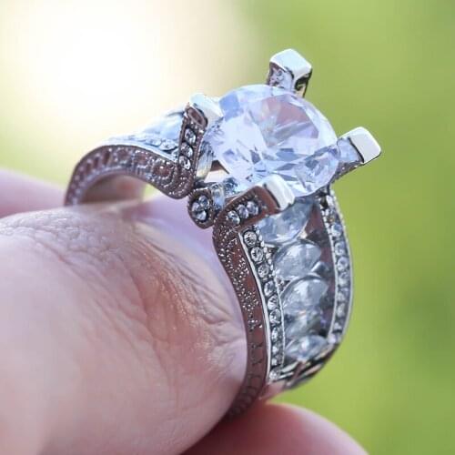 Luxury Silver Plated Round Cut CZ Stone Ring Cubic Zircon Crystal Rings for Women Ladies Wedding Bridal Party Jewelry Gift