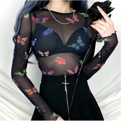 Sexy Butterfly Print See Through Crop Tops Women Long Sleeve Slim Fit Mesh Beach Club Fashion Bikini Cover Ups Streetwear