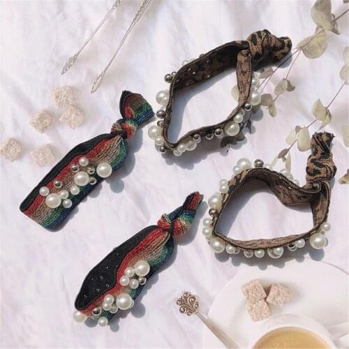 Korean Personality Beautiful Rainbow Pearl Leopard Rubber Band Hair Rope Fashion Sweet Girl Womens Ponytail Hair Accessories