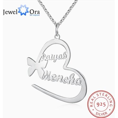 JewelOra 925 Sterling Silver Custom Nameplate Necklace with Butterfly Personalized 2 Names Heart Pendants for Women Mothers Gift