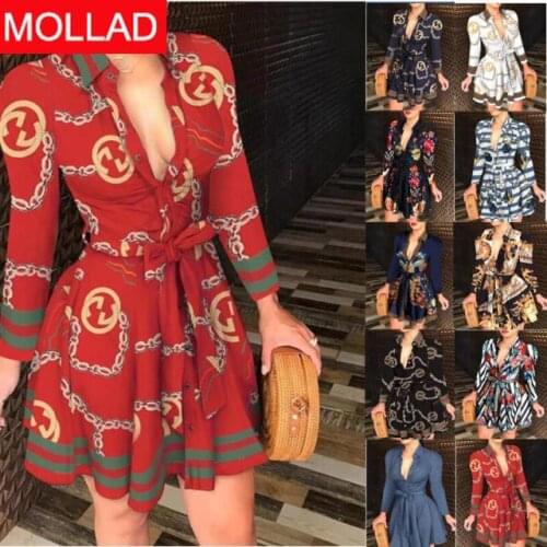 Womens Clothing Sexy Print V-neck Lace-up European and American Style Dress Women Summer Dresses