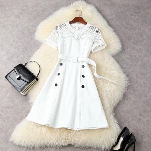 European and American womens clothing new summer 2021 Short sleeve hollowed-out button belt Fashionable white denim dress