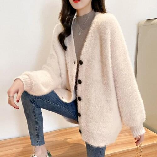 2021 spring autumn new Korean mink velvet V-neck knitted cardigan with loose lazy single-breasted sweater jacket women s383