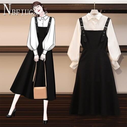 White Blouse+Black Spaghetti Strap Dress Blue Blouse+Black Spaghetti Strap Dress Women Sets