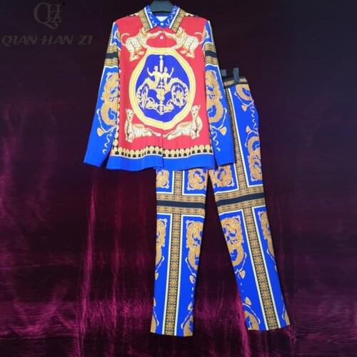 Qian Han Zi 2019 Fashion Runway Suit sets Womens long sleeve shirt Blouses and vintage pattern Printed pants two piece set