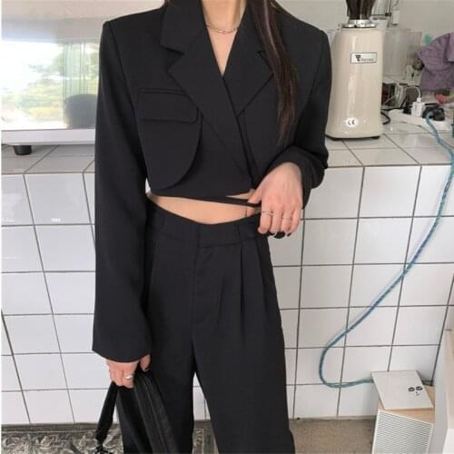 2 Piece Sets Womens Outfits Ladies Casual Crop Top Long Sleeve Sexy Lace Up Short Coat + High Waist Wide Leg Long Pants Suits