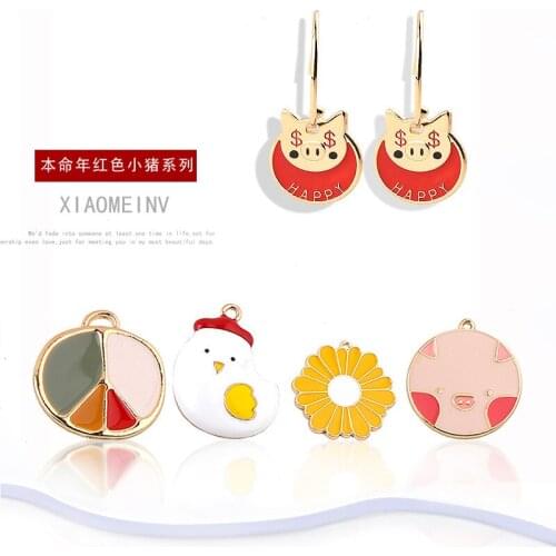 6pcs 2020 New Design Cute Red Pig Series Animal Pendant Cartoon Earrings For Women Girls Diy Jewelry Accessories Alloy Material