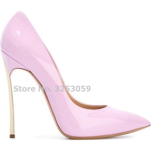 ALMUDENA Celebrity Patent Leather Metal Heel Pointed Toe Pumps Candy Color Shallow Stiletto Heels Wedding Shoes 12cm Sky High