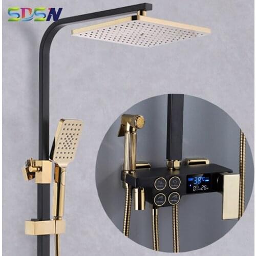 Digital Bathroom Shower Set Black Gold Bathroom Faucet Copper Bath Bidet ABS Hand Shower Head Black Thermostatic Bath Shower Set