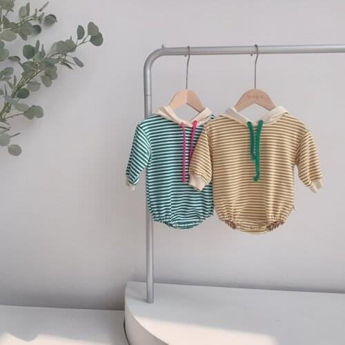 2021 new boys girls striped hooded rompers cotton full sleeve autumn babys jumpsuit