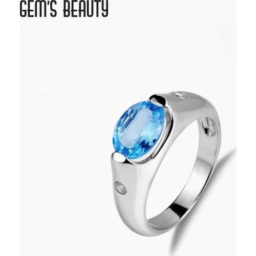 GEMS BEAUTY 925 Sterling Silver Natural Swiss Blue Topaz Rings 2021 Style Oval Handmade For Women Rings Couple Romantic Gift