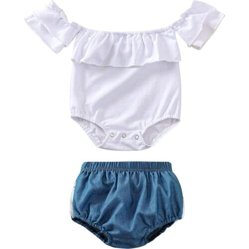 2Pcs Baby Girl’s Clothes Fresh Solid Color Boat Neck Romper and Lace Denim Triangle Shorts