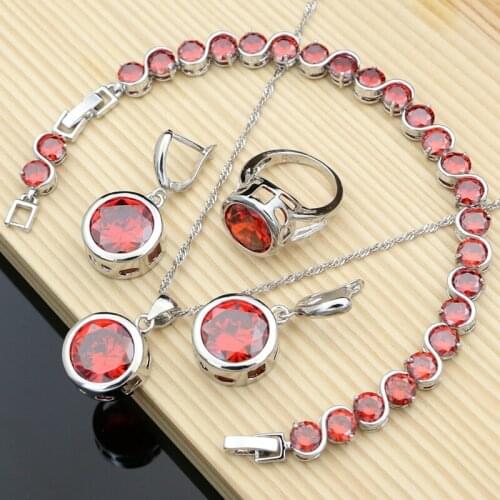 Fashion Ladies Bridal 925 Sterling Silver Fire Red Zirconia Jewelry Sets Earrings Stone Bracelet Ring Necklace Set Dropshipping