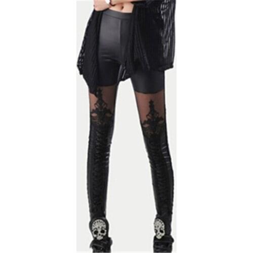 Fashion Faux Leather Stretch Pants Spring Autumn Womens Ankle Length Pants Sexy Patchwork Lace Pants Capris Pantalons Femme