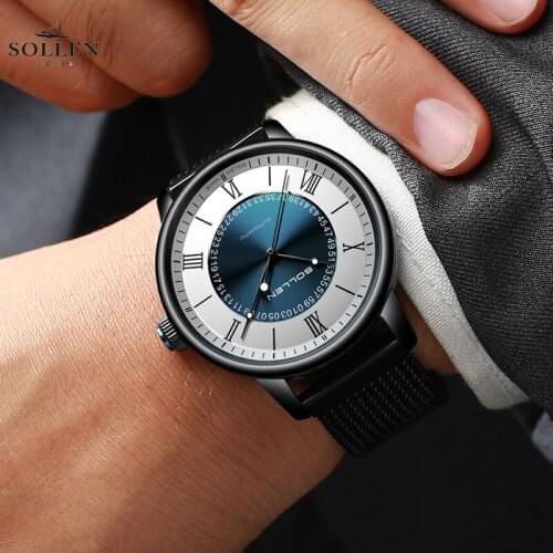 SOLLEN New Mehanical Men Watch Top Brand Luxury Mesh Waterproof Male Clock Fashion Luminous hands Roman numeral dial Men Watches